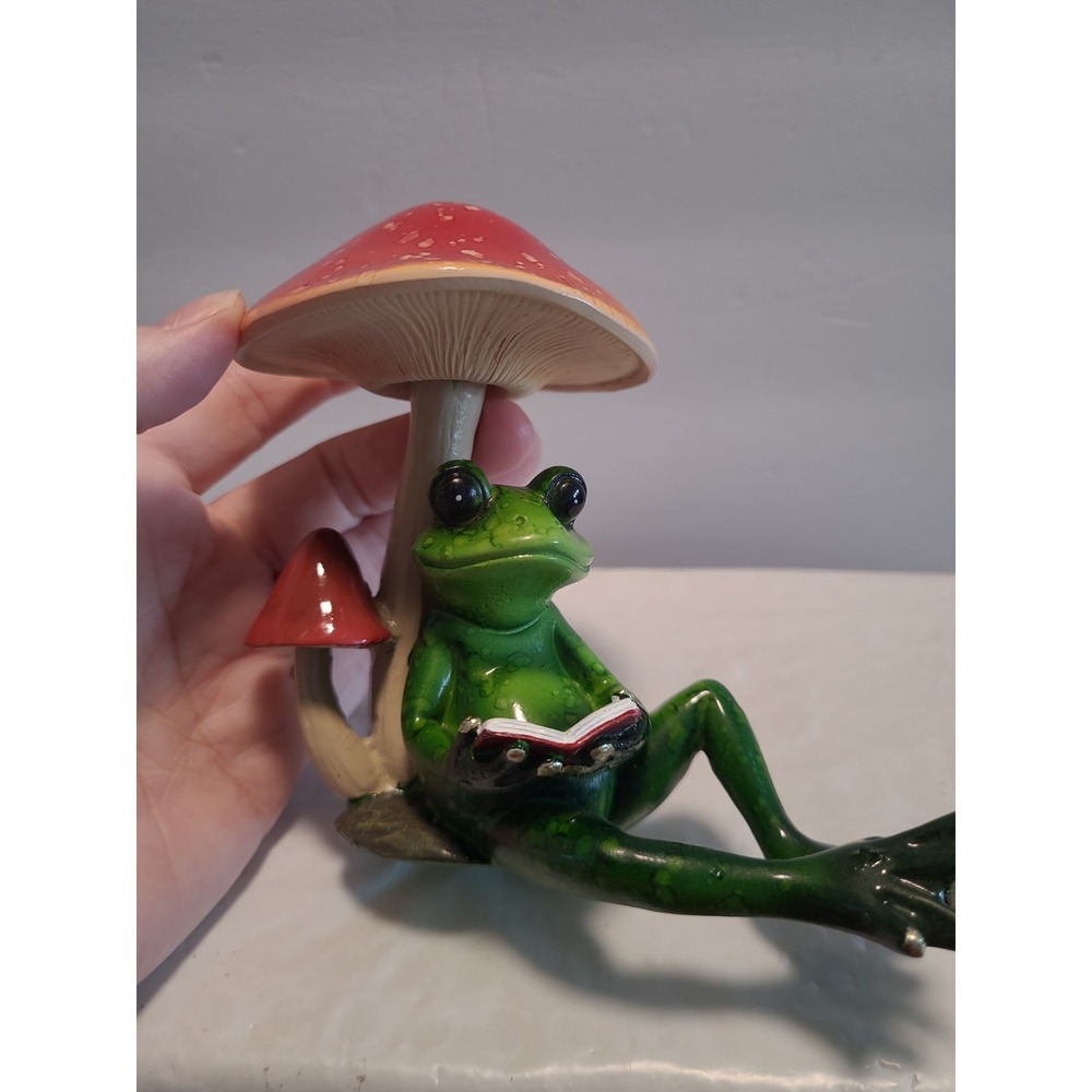 Frog Reading under Mushroom 5" Wide Figurine Ornament Home Decor Unique Gift